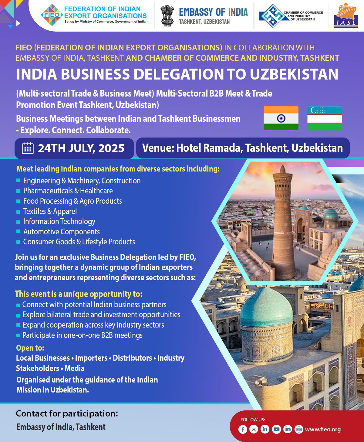 Explore business opportunities with Top Indian Exporters in Ramada Tashkent on 24th July, 2025